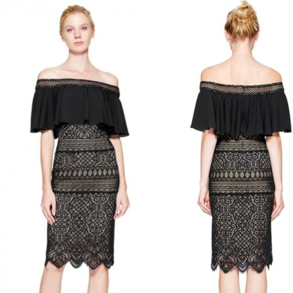 Tadashi Shoji Alexia‎ Black Lace Off-Shoulder Cocktail/Evening Dress 00 - Picture 1 of 12